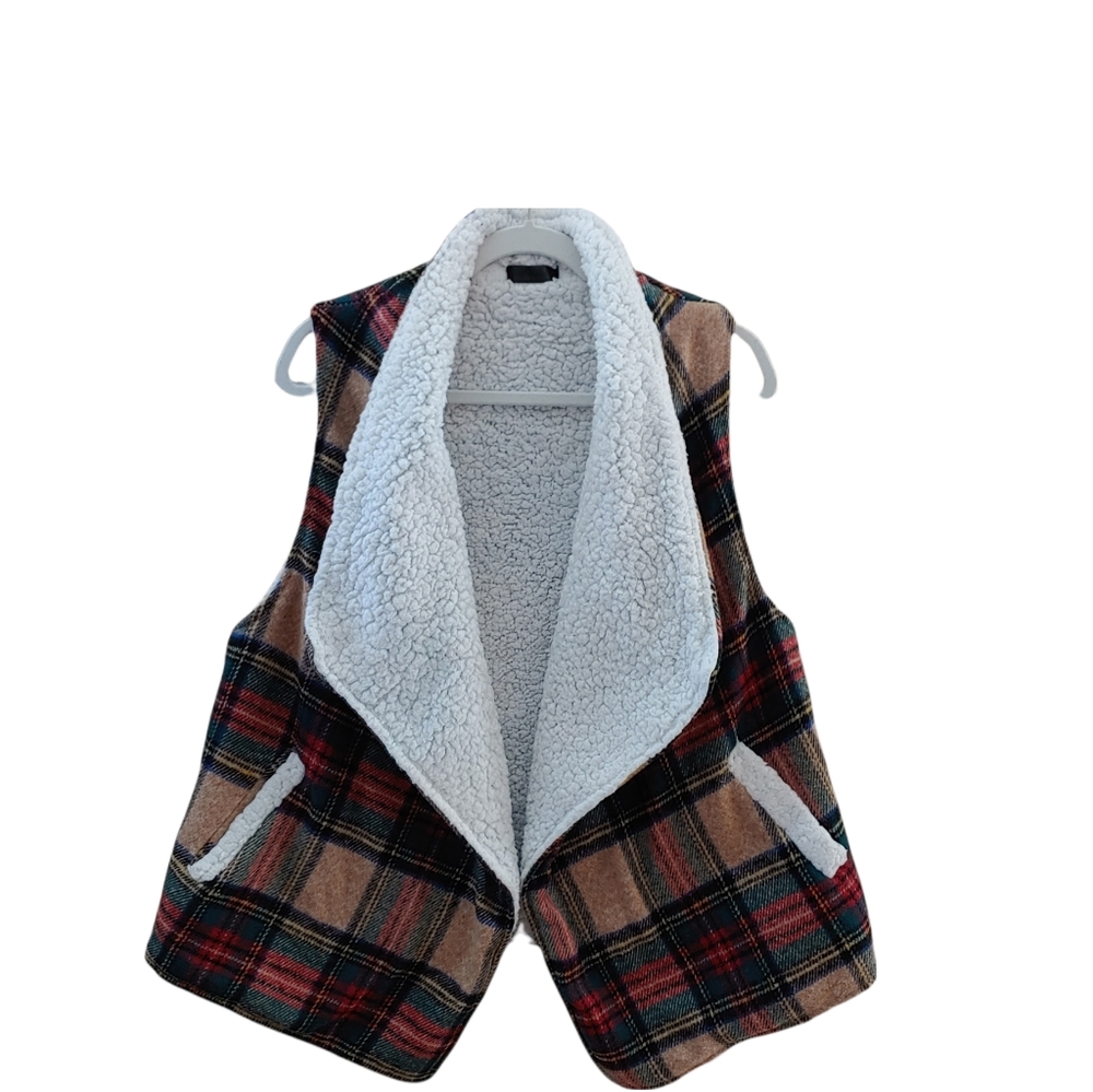 Janice Western Women's Multicolor Plaid Sherpa lined open winter vest one size